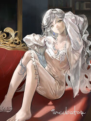 1girl absurdres arm_up barefoot breasts cleavage closed_mouth coat couch curly_hair eternity_(reverse:1999) full_body hands_up highres indoors knees_up large_breasts long_hair looking_at_viewer on_couch pink_negligee reverse:1999 sitting smile solo very_long_hair white_coat white_hair wu_fuzuoyong yellow_eyes