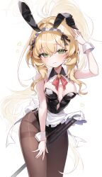 1girl absurdres alternate_costume animal_ears apron apron_lift between_legs black_leotard black_pantyhose blonde_hair blue_archive breasts cane clothes_lift cowboy_shot fake_animal_ears fake_tail frilled_apron frills green_eyes hair_between_eyes hair_intakes halo hand_up heart highres leaning_forward leotard loli medium_breasts nyaruin pantyhose playboy_bunny ponytail professor_niyaniya_(blue_archive) rabbit_ears rabbit_tail tail w waist_apron wavy_hair white_apron