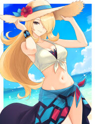 1girl absurdres beach bikini blonde_hair blue_sarong blue_sky breasts brown_hat cleavage closed_mouth crop_top cynthia_(pokemon) cynthia_(summer_2025)_(pokemon) flower flower_hat grey_eyes hair_over_one_eye hat hat_flower highres large_breasts long_hair looking_at_viewer navel nintendo ocean official_alternate_costume pokemon pokemon_masters_ex sarong shirt sky smile solo straw_hat sun_hat swimsuit tied_shirt truejekart very_long_hair water