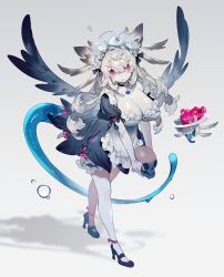1girl apron bare_shoulders black_dress black_shoes black_wings breasts bukurote cleavage commentary_request crack creature crying crying_with_eyes_open dress feathered_wings full_body gradient_background grey_background grey_hair hair_between_eyes high_heels highres holding holding_skull large_breasts long_hair looking_at_viewer original parted_lips puffy_short_sleeves puffy_sleeves purple_eyes shoes short_sleeves skull solo standing tail tears very_long_hair white_apron wings