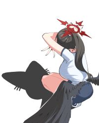 1girl black_hair black_wings blue_archive blue_shoes blue_shorts breasts cat_shadow_puppet_(meme) crossed_arms double_w feathered_wings hasumi_(blue_archive) hasumi_(track)_(blue_archive) highres large_breasts long_hair lyneriee official_alternate_costume official_alternate_hairstyle ponytail shirt shoes short_shorts shorts solo squatting w white_shirt wings
