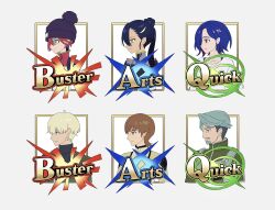 Rule 34 | 2girls, 4boys, amate yuzuriha, aqua eyes, beanie, beard, blonde hair, blue eyes, blue hair, brown hair, challia bull, char aznable, colored inner hair, facial hair, fate/grand order, fate (series), green eyes, green hair, gundam, gundam gquuuuuux, hair ornament, hairclip, hat, highres, long hair, looking to the side, mecha pilot suit, mole, mole under mouth, multicolored hair, multiple boys, multiple girls, mustache, nyaan (gundam gquuuuuux), parody, pom pom (clothes), pom pom beanie, ponytail, profile, purple hair, red eyes, red hair, shirouzu (gundam), shirt, short hair, shuji ito, smile, style parody, sumi (gfgf 045), turtleneck, two-tone hair, xavier olivette, yellow eyes