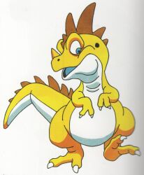 blue_eyes claws colored_skin creature creature_focus dinosaur dragon_quest dragon_quest_iv foot_up highres komodo_(dragon_quest) looking_to_the_side no_humans nose_horn official_art open_mouth profile scan tail third-party_source toriyama_akira white_background white_skin yellow_skin
