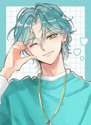 1boy absurdres closed_mouth earrings green_eyes green_hair green_skirt grid_background hands_on_own_cheeks hands_on_own_face heart heart-shaped_pupils heart_hands hibiki_kaito highres hoop_earrings idol jaw jawbone jewelry kimi_to_idol_precure lineart long_sleeves mature_male necklace necktie nm_achu one_eye_closed parted_bangs precure short_hair skirt solo solo_focus symbol-shaped_pupils upper_body