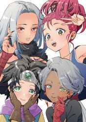 4girls :d ajpp6 arm_wrap black_hair black_nails black_scarf black_shirt blue_vest brown_gloves circlet clenched_teeth commentary_request dark-skinned_female dark_skin dragon_quest dragon_quest_iii earrings fingernails fur_scarf gem gloves green_eyes green_gemstone grey_hair hands_on_own_cheeks hands_on_own_face heart heart_hands heroine_(dq3) high_ponytail highres jewelry long_fingernails long_hair looking_at_viewer looking_down merchant_(dq3) monster_wrangler_(dq3) multiple_girls necklace open_mouth parted_hair pearl_necklace pink_hair ponytail purple_scarf red_eyes red_gloves roto_(dq3) scarf sharp_fingernails shirt short_hair silver_circlet smile sphere_earrings stud_earrings teeth thief_(dq3) upper_body v vest white_background white_hair white_trim yellow_sleeves