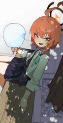 Rule 34 | 1girl, absurdres, ahoge, black halo, black jacket, black skirt, blue archive, braid, clothes around waist, cotton candy, fang, food, halo, highres, holding, holding cotton candy, holding food, holypotato0, jacket, jacket around waist, looking at viewer, looking to the side, neru (blue archive), on bench, open mouth, orange hair, red eyes, shirt, single braid, sitting, skin fang, skirt, smile, solo, white shirt