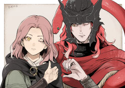 1boy 1girl border brother_and_sister brown_background brown_hair cape elden_ring expressionless facial_mark fingernails hand_up heart_hands_failure helmet kero_1110 long_fingernails looking_at_another looking_at_viewer medium_hair melina_(elden_ring) messmer_the_impaler one_eye_closed outside_border red_cape red_hair red_snake sharp_fingernails short_hair siblings signature snake upper_body white_border yellow_eyes