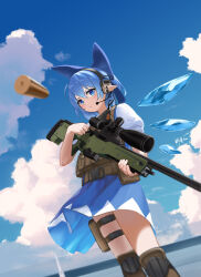 1girl absurdres blue_bow blue_dress blue_eyes blue_hair blue_sky body_armor bow bullet cirno cirno_day cloud commentary_request dated day detached_wings dress gun hair_bow headphones highres holding holding_gun holding_weapon ice ice_wings meiwei_doufu_gou pinafore_dress pointy_ears pouch puffy_short_sleeves puffy_sleeves rifle scope short_sleeves signature sky sleeveless sleeveless_dress sniper_rifle solo thigh_pouch touhou walkie-talkie weapon weapon_request wings