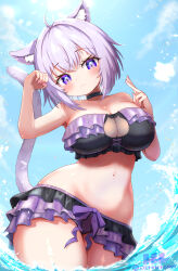 1girl :3 ahoge animal_ear_fluff animal_ears arm_up black_choker blue_sky blush bow bow_swimsuit breasts cat_cutout cat_ears cat_girl cat_tail choker clothing_cutout cowboy_shot frills hair_between_eyes hand_up highres hololive in_water large_breasts looking_at_viewer nekomata_okayu purple_bow purple_eyes purple_hair reiwa_rerere short_hair signature sky smile solo tail two-tone_swimsuit virtual_youtuber wide_hips