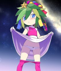 Rule 34 | 1girl, bemani, blue eyes, blush, bow, bow panties, clothes lift, clothes pull, commentary request, flat chest, gloves, green hair, hair ornament, lifting own clothes, nollety, panties, pantyhose, pantyhose pull, pop&#039;n music, sarasa (pop&#039;n music), solo, underwear, white gloves, white panties