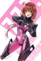 Rule 34 | 1girl, :d, ahoge, armored bodysuit, blush, bodysuit, bow, breasts, character name, covered navel, fortified suit, hair bow, hair intakes, heart, heart hands, highres, impossible bodysuit, impossible clothes, jun (rellik &amp; redrum), kagami sumika, long hair, looking at viewer, low ponytail, mecha pilot suit, medium breasts, muv-luv, muv-luv alternative, open mouth, pink bodysuit, ponytail, red eyes, red hair, ribbon, signature, skin tight, smile, solo, very long hair, yellow bow