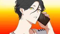Rule 34 | 1boy, black hair, commentary request, gradient background, hair between eyes, hand up, highres, holding, holding phone, iwnm0313, looking at viewer, male focus, meguriya ayumu, netsu ijou (utau), orange background, parted lips, phone, shirt, short hair, solo, toshi densetsu kaitai center, upper body, white shirt, yellow eyes