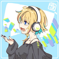 1girl akane_yuki artist_name bare_shoulders breasts headphones highres idolmaster idolmaster_va-liv large_breasts letora_(idolmaster) looking_to_the_side multicolored_hair official_art open_mouth roots_(hair) talking