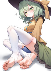 1girl black_hat blouse blush bow breasts buttons diamond_button eyeball feet foot_focus frilled_shirt_collar frills green_eyes green_hair green_skirt hat hat_bow hat_ribbon highres koishi_day komeiji_koishi mikan_(manmarumikan) ribbon shirt short_hair simple_background sitting skindentation skirt soles solo stirrup_legwear sweatdrop thighhighs third_eye toeless_legwear toes touhou white_background white_thighhighs yellow_bow yellow_ribbon yellow_shirt