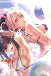 2girls american_flag american_flag_bikini american_flag_print aozaki_aoko arm_behind_back asymmetrical_hair back-to-back bare_arms bare_shoulders bikini blue_eyes breasts brown_hair fate/grand_order fate_(series) flag_print flag_print_bikini foam hair_between_eyes hair_bun hair_ornament highres large_breasts long_hair looking_at_viewer miyamoto_musashi_(fate) miyamoto_musashi_(fate/grand_order) miyamoto_musashi_(swimsuit_berserker)_(fate) miyamoto_musashi_(swimsuit_berserker)_(second_ascension)_(fate) multiple_girls off_shoulder open_mouth pink_hair print_bikini print_swimsuit shrug_(clothing) single_hair_bun single_side_bun smile swept_bangs swim_ring swimsuit user_jmvm3853 white_bikini