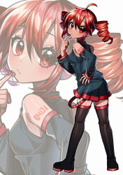 1girl ahoge arm_tattoo bare_shoulders belt black_shirt black_skirt black_sleeves black_thighhighs blush boots breasts detached_sleeves double-parted_bangs drill_hair fingernails from_behind full_body hair_between_eyes hand_on_own_hip headphones headset highres index_finger_raised kakosa_sama kasane_teto kasane_teto_(utau) looking_at_viewer looking_back microphone number_tattoo platform_footwear pleated_skirt red_belt red_eyes red_hair red_nails red_tattoo shirt shoulder_tattoo skirt skirt_set sleeveless sleeveless_shirt small_breasts standing tattoo thigh_boots thighhighs twin_drills utau white_background zoom_layer