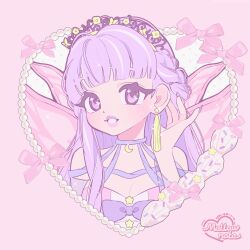 1girl artist_name blunt_bangs blush bow braid breasts cleavage crescent earrings eyelashes fingernails gem grin highres jewelry lips long_hair looking_at_viewer mellownote moon nail_polish original parted_lips pearl_(gemstone) pink_bow pink_eyes purple_bow purple_hair purple_lips purple_nails single_earring smile solo sparkle square tassel tassel_earrings upper_body whipped_cream