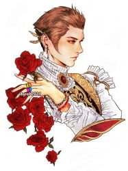 1boy balflear bead_bracelet beads bracelet brown_eyes brown_hair earrings final_fantasy final_fantasy_xii flower frilled_shirt frilled_sleeves frills gem hand_on_own_shoulder high_collar holding holding_flower jewelry long_sleeves looking_to_the_side male_focus multiple_earrings multiple_rings portrait red_flower red_rose ring rose shirt short_hair sideburns solo upper_body vest vhyrel white_background white_shirt