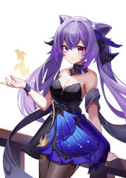 1girl absurdres against_railing arm_support arm_up bare_shoulders beads black_dress black_pantyhose black_ribbon blue_dress blue_ribbon blush bow bowtie breasts chinese_commentary cleavage collarbone commentary_request diamond-shaped_pupils diamond_(shape) dress eyelashes feet_out_of_frame fire genshin_impact hair_ornament hair_ribbon highres keqing_(genshin_impact) keqing_(opulent_splendor)_(genshin_impact) multicolored_dress multicolored_hair mxr nail_polish official_alternate_costume pantyhose pleated_dress purple_eyes purple_hair purple_nails railing ribbon sideboob simple_background smile solo standing symbol-shaped_pupils two-tone_hair two_side_up upper_body white_background wrist_cuffs