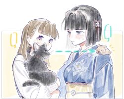 Rule 34 | 2girls, animal, animal on shoulder, arrow (symbol), black hair, blank speech bubble, blue kimono, blunt bangs, blunt ends, braid, breasts, brown hair, casual, cat, center-flap bangs, closed mouth, commentary, dotted line, flower, flower knot, green eyes, hair flower, hair ornament, hamster, highres, holding, holding animal, holding cat, japanese clothes, kachimachi kosuzu, kachimachi kosuzu (summer casual), kimono, link! like! love live!, long hair, long sleeves, love live!, medium breasts, momose ginko, momose ginko (summer casual), multiple girls, obi, official alternate costume, pet, pink eyes, pipi (m1x mix), puffy long sleeves, puffy sleeves, sash, seed, shirt, short hair, side braids, speech bubble, straight hair, sunflower seed, sweatdrop, thought bubble, virtual youtuber, white shirt, yellow sash