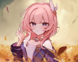 Rule 34 | 1girl, bare shoulders, blue eyes, commentary, cyrene (honkai: star rail), dress, hair ornament, hand up, highres, honkai: star rail, honkai (series), jewelry, looking at viewer, medium hair, necklace, nemuta (llixquv), off-shoulder dress, off shoulder, outdoors, pink hair, purple dress, smile, solo