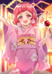 1girl alternate_costume blush candy candy_apple floral_print floral_print_kimono flower food hair_flower hair_ornament highres holding holding_candy holding_food hugtto!_precure japanese_clothes kimono long_hair looking_at_viewer low_twintails muginome_(bakuga_chan2) nono_hana open_mouth pink_eyes pink_hair pink_kimono precure print_kimono sash short_eyebrows smile solo twintails yellow_sash