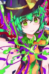 Rule 34 | absurdres, black hat, blouse, bow, buttons, colorful, diamond button, eyeball, frilled shirt collar, frilled sleeves, frills, green eyes, green hair, green skirt, hat, hat bow, hat ribbon, heart, heart of string, highres, hirwannew, komeiji koishi, light blush, light smile, ribbon, shirt, skirt, subterranean animism, third eye, touhou, yellow bow, yellow ribbon, yellow shirt