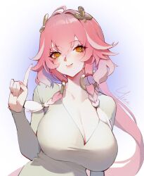 1girl absurdres ahoge alternate_costume azusa_hina blush braided_sidelock breasts changli_(wuthering_waves) chinese_commentary cleavage collarbone commentary_request contemporary double-parted_bangs gradient_background hair_between_eyes hair_intakes hair_ornament hand_up highres huge_breasts index_finger_raised long_hair long_sleeves looking_at_viewer low-cut multicolored_hair pink_hair shirt signature smile solo streaked_hair upper_body v-neck very_long_hair white_shirt wuthering_waves yellow_eyes