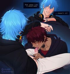2boys blue_hair cum cum_in_mouth dark-skinned_male dark_skin dramatical_murder earrings fellatio green_eyes headphones headphones_around_neck highres hood jewelry long_sleeves looking_at_another male_focus male_underwear male_underwear_peek mizuki_(dramatical_murder) multiple_boys open_mouth open_pants oral pants penis red_hair riffraffhellyea seragaki_aoba short_hair simple_background small_penis smile tattoo teardrop_tattoo underwear yaoi yellow_eyes