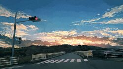 banakotakemaru blue_sky cloud cloudy_sky crosswalk highres orange_sky outdoors power_lines road_sign sign sky tagme traffic_light utility_pole wide_shot