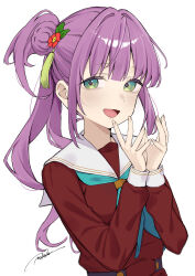 Rule 34 | 1girl, absurdres, blush, commentary, green eyes, hair bun, hair intakes, hasu no sora school uniform, highres, link! like! love live!, love live!, masami atabe, otomune kozue, purple hair, school uniform, side ponytail, sidelocks, signature, single side bun, solo, upper body, white background