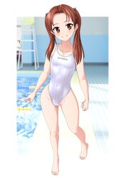 Rule 34 | 1girl, absurdres, breasts, brown eyes, brown hair, chair, commentary request, competition swimsuit, covered navel, full body, girls und panzer, grin, groin, highleg, highleg one-piece swimsuit, highres, kadotani anzu, lifeguard chair, long sleeves, one-piece swimsuit, poolside, small breasts, smile, solo, striped clothes, striped one-piece swimsuit, swimsuit, takafumi, twintails, variant set, walking, white one-piece swimsuit