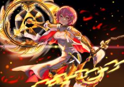 Rule 34 | 1girl, armor, bags under eyes, belt, blurry, bob cut, breasts, cape, chain, chinese commentary, choker, cinders, commentary request, depth of field, eyelashes, garcia (sword of convallaria), gauntlets, gold trim, greaves, hair ornament, hairclip, highres, holding sickle, huge weapon, kusarigama, lips, looking at viewer, medium breasts, motion blur, parted lips, pink eyes, pink hair, saw blade, sickle, solo, sword of convallaria, tabard, weapon, yermacchiato
