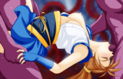 1girl 2boys amatsu_ai breasts closed_eyes fellatio fingerless_gloves gang_rape gloves gradient_background multiple_boys nipples oral ponytail rape sex skirt spitroast studio_waltz tagme twin_angels