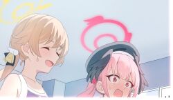 2girls black_hat blue_archive blush embarrassed halo haluka_o0 hat head_wings hifumi_(blue_archive) koharu_(blue_archive) multiple_girls pink_hair pink_halo tagme wings yellow_halo