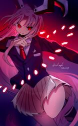 1girl absurdres animal_ears black_jacket blazer border bow breast_press buttons closed_mouth collared_jacket collared_shirt commentary_request cowboy_shot crescent crescent_pin danmaku dated dot_nose finger_gun floating_hair floppy_ears gradient_border highres ichirugi jacket lapel_pin lapels layered_sleeves leg_up long_hair long_sleeves miniskirt necktie notched_lapels pink_skirt pleated_skirt purple_bow purple_hair rabbit_ears red_bag red_eyes red_necktie reisen_udongein_inaba shirt sidelocks signature skirt smile solo thick_thighs thighs touhou very_long_hair white_shirt