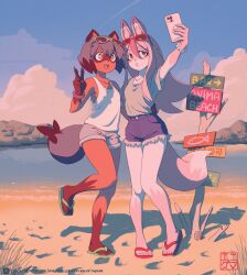 2girls animal_ear_fluff animal_ears artist_name beach bilingual_commentary blue_hair blue_shorts blue_sky blue_tail bracelet brand_new_animal brown_fur cloud commentary english_text eyewear_on_head fox_ears fox_girl fox_tail furry furry_female hair_between_eyes hiwatashi_nazuna holding holding_phone jewelry kagemori_michiru long_hair michirutnk mixed-language_commentary multicolored_eyes multiple_girls ocean open_mouth pearl_bracelet phone pink_fur pixiv_logo raccoon_ears raccoon_girl raccoon_tail red_eyes sand sandals selfie shirt short_hair short_shorts shorts signature sky smile standing standing_on_one_leg sunglasses tail tanuki teeth twitter_x_logo upper_teeth_only v white_shirt