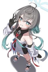 1girl absurdres ahoge aqua_eyes aqua_hair black_dress black_gloves blue_halo blush collarbone collared_dress commentary counter:side detached_sleeves dress elbow_gloves faded_halo feathered_wings from_above full_body gloves gradient_hair grey_hair grin hair_between_eyes halo hand_up highres jinggun long_sidelocks looking_at_viewer looking_up low_wings medium_hair multicolored_hair necktie noelle_(counter:side) platform_sandals raised_eyebrows red_necktie sandals shadow sidelocks simple_background sleeveless sleeveless_dress smile solo star-shaped_pupils star_(symbol) symbol-shaped_pupils w white_background white_sleeves white_wings wings yellow_pupils