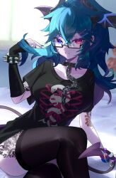 1girl 55mo3 arm_tattoo aruna_reaver black_collar black_nails black_shirt black_sleeves black_thighhighs blue_eyes blue_hair bracelet breasts chain collar collarbone crossed_bangs demon_girl demon_horns demon_tail detached_sleeves glasses hair_ornament hairclip head_wings heterochromia highres horns indie_virtual_youtuber jewelry leg_tattoo long_hair red_eyes second-party_source semi-rimless_eyewear shirt single_detached_sleeve snake_print solo spiked_bracelet spikes tail tail_ornament tattoo thighhighs virtual_youtuber wings