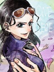 1girl black_hair blue_eyes blue_jacket commentary_request copyright_name crossed_arms devil_fruit_power extra_arms eyewear_on_head hair_slicked_back high_collar highres jacket long_hair nico_robin one_piece pink_petals signature smile solo sunglasses urinunhanada