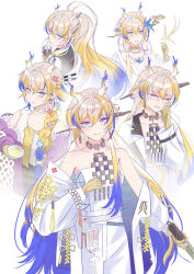 1girl :d ^_^ absurdres ambience_synesthesia arknights bare_shoulders beads belt bespectacled blonde_hair blue_eyes braid breasts chinese_commentary choker cleavage closed_eyes closed_mouth collarbone colored_extremities commentary_request cup disposable_cup dragon_girl dragon_horns drink drinking_straw earrings eyeliner flower frills glasses grey_hair grin hair_between_eyes hair_flower hair_intakes hair_ornament highres holding holding_drink horns jacket jewelry lapels long_hair long_sleeves makeup multicolored_hair multiple_views necklace off_shoulder official_alternate_costume open_mouth orange_eyeliner orange_pupils pearl_necklace pointy_ears ponytail purple_hair rectangular_eyewear sakazuki shu_(arknights) shu_(bingwenyuyou)_(arknights) shu_(spring_feast)_(arknights) simple_background small_breasts smile strapless tube_top very_long_hair white_background white_belt white_jacket white_tube_top yellow_choker zhi_mao_zk