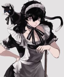 1boy amamiya_ren animal animal_on_shoulder apron black_cat black_dress black_hair bow bowtie cat closed_mouth corrupted_twitter_file crossdressing detached_collar dress grey_background grey_eyes hair_between_eyes hand_on_own_hip highres long_hair looking_at_viewer maid maid_apron maid_headdress male_focus male_maid morgana_(cat)_(persona_5) morgana_(persona_5) persona persona_5 saichuu_(more1208) short_sleeves simple_background trap upper_body