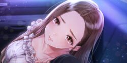 Rule 34 | 1boy, 1girl, arm hug, blue reflection (series), blue reflection sun, breasts, brown eyes, brown hair, car interior, cleavage, close-up, closed mouth, collarbone, dress, forehead, frilled dress, frills, game cg, highres, ikoma ayami, kishida mel, large breasts, lips, long hair, looking at viewer, night, non-web source, official art, plaid clothes, plaid dress, pov, protagonist (blue reflection sun), straight hair, tears, white dress