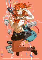 1girl absurdres bocchi_the_rock! bow bowtie electric_guitar flve guitar highres instrument jumping kita_ikuyo looking_at_viewer red_bow red_bowtie school_uniform side_ponytail simple_background skirt smile socks solo v