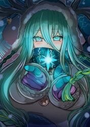 Rule 34 | 0kami 89zo, 1girl, antlers, antlers through headwear, aqua eyes, aqua hair, blue scarf, blush, fate/grand order, fate (series), highres, horns, long hair, louhi (fate), louhi (second ascension) (fate), mittens, scarf, signature, snow, woollen cap