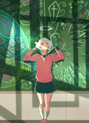 Rule 34 | 1girl, angel wings, bandaged head, bandages, black horns, blonde hair, blunt bangs, cellphone, chalk, chalkboard, classroom, clenched teeth, collared shirt, eyepatch, from above, green eyes, green neckerchief, green skirt, highres, holding neckerchief, horns, implied strangling, kneehighs, long sleeves, neckerchief, phone, phone eyepatch, pink shoes, pink sweater, pleated skirt, puffy sleeves, ruru (shinsei kamattechan), school, shinsei kamattechan, shirt, shoes, short hair, single horn, skirt, sneakers, socks, solo, sweater, teeth, white shirt, white socks, wide-eyed, wings, yu (mmuucc)