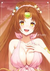1girl armlet armpit_crease bikini bow breasts brown_hair circlet cleavage cloud collarbone commentary eyebrows_hidden_by_hair fire_emblem fire_emblem:_mystery_of_the_emblem fire_emblem_heroes front-tie_bikini_top front-tie_top hair_intakes hair_ornament hair_scrunchie halterneck hand_on_own_chest happy high_ponytail jewelry large_breasts linde_(fire_emblem) linde_(summer_rays)_(fire_emblem) long_hair looking_at_viewer nintendo open_mouth pink_bikini pink_bow ponytail scrunchie sideboob solo star_(symbol) star_hair_ornament sunset swimsuit sylphy_fe symbol-only_commentary teeth twitter_username upper_body upper_teeth_only very_long_hair yellow_eyes