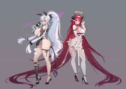 2girls :o absurdly_long_hair absurdres anal anal_beads anal_object_insertion anal_tail arched_back areola_slip arm_under_breasts artist_request ass asymmetrical_clothes azur_lane back-to-back bare_arms bare_hips bare_shoulders belt_bra black_footwear blush bow breasts butt_plug commentary covered_erect_nipples cross cross_earrings curvy earrings english_commentary fake_tail feather_boa from_side full_body gloves gradient_background grey_background hair_intakes hair_ornament hair_spread_out hair_tie hair_tubes hairband half-closed_eyes halo hand_up heart high_heels highres hindenburg_(azur_lane) hoop_earrings horns jewelry kearsarge_(azur_lane) kneehighs large_breasts leotard long_hair looking_at_viewer looking_to_the_side mole mole_on_breast mole_under_eye multiple_girls no_tail no_wings object_insertion parted_lips pink_eyes pink_nails pointy_ears ponytail red_eyes red_hair revealing_clothes see-through_clothes see-through_gloves senyee sex_toy shoes sideboob sidelocks single_bare_leg single_kneehigh single_sock single_thighhigh skindentation socks standing stiletto_heels stirrup_legwear tail thigh_strap thighhighs thighs thong_leotard toeless_legwear underboob very_long_hair white_hair white_hairband white_thighhighs