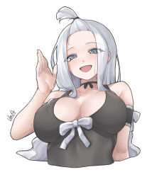 1girl absurdres arm_up armlet artist_name bare_shoulders black_armlet black_one-piece_swimsuit blue_eyes blush bow breasts cleavage commentary elvera fairy_tail hair_ornament hair_scrunchie highres jewelry large_breasts long_hair long_sidelocks looking_at_viewer mirajane_strauss one-piece_swimsuit open_mouth scrunchie sidelocks simple_background solo swimsuit upper_body white_background white_bow white_hair