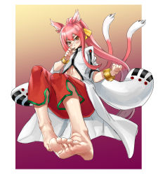 Rule 34 | 1girl, animal ears, bangle, barefoot, belt, black belt, blazblue, blush, border, bracelet, breasts, candy, capri pants, cat ears, cat tail, eiji (eiji), feet, food, foot focus, foreshortening, glasses, greek toe, hair between eyes, hair ribbon, highres, jewelry, kokonoe (blazblue), lollipop, long hair, looking at viewer, multiple tails, navel, pants, pink hair, ponytail, red pants, ribbon, sidelocks, slit pupils, small breasts, solo, stomach, tail, toes, two tails, underwear, very long hair, white border, yellow eyes, yellow ribbon